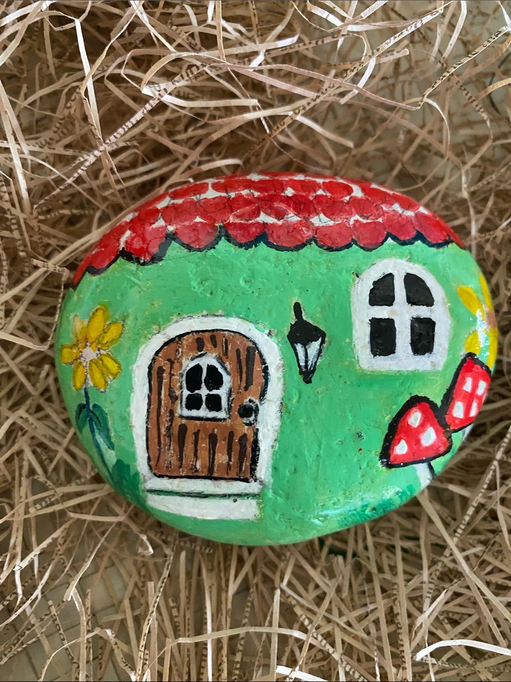 Hand-Painted Green Fairy gnome house with mushrooms Rock Art